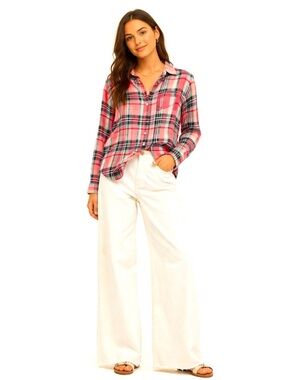 NWT Trovata Birds of Paradis Plaid Women’s Shirt S Coral Pink Blue Button Down